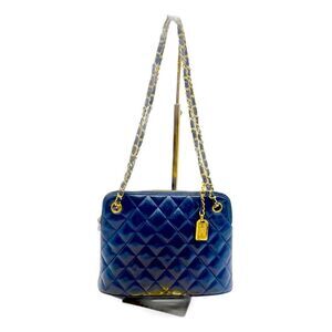 Auth Chanel Mademoiselle Navy Blue Polished Matelasse Quilted Shoulder Bag